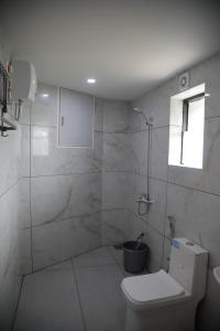a bathroom with a shower and a toilet and a sink at Rivayn Suites in Thiruvalla +20 photos