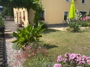 a garden with flowers and an umbrella next to a building at Am Holundergrund in Kurort Gohrisch