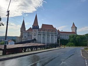 a large castle with towers on the side of a street at David Apartament in Hunedoara