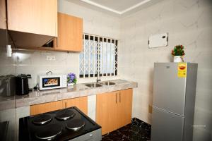 eine Küche mit Spüle und Kühlschrank in der Unterkunft Motion apt in Accra