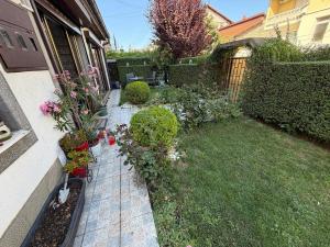 a garden with flowers and plants in a yard at Safely located apartment in Prishtinë