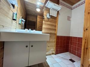a bathroom with a sink and a shower at Logis - Hôtel & restaurant Les Trois Fontaines in Marconne