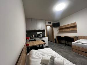 a small room with a bed and a kitchen with a table at Bi Apartments in KoÅ¡ickÃ© KÃºpele