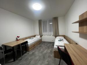 a small room with two beds and a desk at Bi Apartments in KoÅ¡ickÃ© KÃºpele