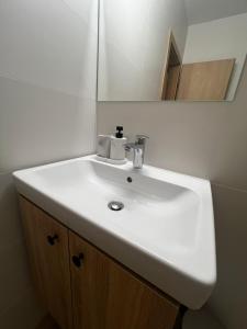 a white sink in a bathroom with a mirror at Bi Apartments in KoÅ¡ickÃ© KÃºpele +9 photos