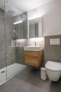 a bathroom with a toilet and a sink and a shower at Ferienwohnung Titschermatte in Adelboden