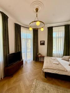 a bedroom with a bed and a flat screen tv at Apartament Verde Stare Miasto in Chełm