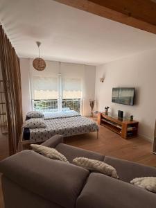 a living room with a bed and a couch at Maison cosy 64 m2 à 10 min de Strasbourg, idéale familles in Lampertheim