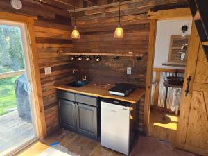 a kitchen with wooden walls and a counter with a refrigerator at Cozy Bethel Barn in Mongaup Valley +14 photos