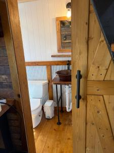 a bathroom with a toilet and a sink at Cozy Bethel Barn in Mongaup Valley