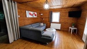 a living room with a couch and a tv at Le chalet du mazagran in Leffincourt