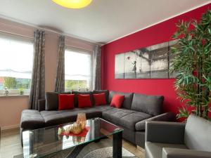 a living room with a couch and a red wall at Ferienhaus BellaVita - mit großem eingezäuntem Garten - Infrarotsauna - 3 Hunde willkommen - Badesee 800m entfernt in Walkenried