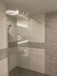 a shower with a glass door in a bathroom at Ferienhaus BellaVita - mit großem eingezäuntem Garten - Infrarotsauna - 3 Hunde willkommen - Badesee 800m entfernt in Walkenried