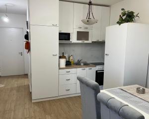 a kitchen with white cabinets and a white refrigerator at Stan na dan Ub in Ub