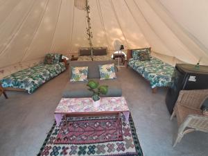a tent with couches and a table in a room at The Old Waterworks - Saturn 6m bell tent in Clare