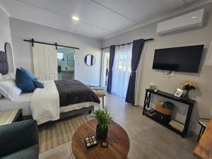 a bedroom with a bed and a couch and a tv at Rosa's Self-catering Unit 2 in Springbok