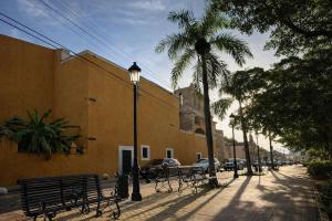 a street with benches and a palm tree next to a building at Twin Bed Room-King Room Zona Colonial in Santo Domingo