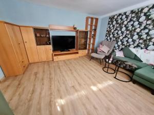 a living room with a green couch and a television at Seestern in Rerik