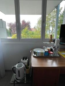 a counter in a kitchen with two windows and a counter top at Tengs in Triboltingen
