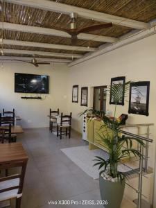 a dining room with tables and chairs and a potted plant at B&B Sa Costera in Iglesias +42 photos