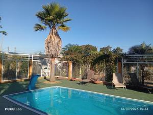 a swimming pool with a palm tree and a tennis court at Suits Recanto do Sabiá in Brotas