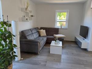 a living room with a couch and a tv at Ferienwohnung BlumenMeer in Karlshagen