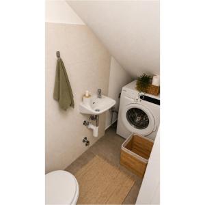 a bathroom with a sink and a washing machine at App Aurum in Brtonigla