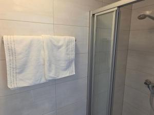 a bathroom with a shower and a white towel at Siegele - Top 1 in Kappl +13 photos