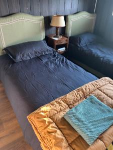 a bedroom with two beds and a table with a lamp at Le Clos Tranquille in Saint-Privé