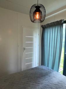 a bedroom with a bed and a window and a chandelier at Bedugnės Namelis in Vilnius