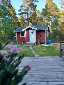 a red cabin with a white door in a yard at Värmdö Ängsv. in Djurhamn