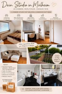 a collage of pictures of a living room and a bedroom at Studio Mel in Mülheim an der Ruhr