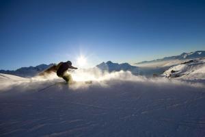 a man is skiing down a snow covered slope at Ferienwohnung Rosenlaui in Meiringen