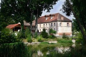 an old house with a pond in front of it at Gîte De La Crayère in Gionges