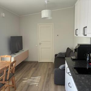 a living room with a couch and a tv and a table at Hoovimaja in Pärnu