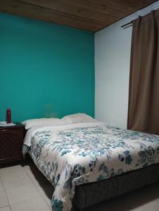 a bedroom with a bed with a blue wall at Cerro de sol in Salsipuedes