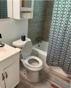 a bathroom with a toilet and a shower curtain at Bankston House B&C in Marietta