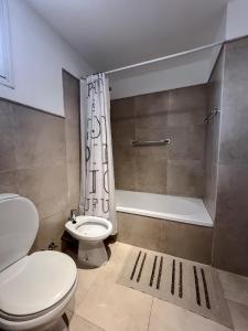 a bathroom with a toilet and a shower with a tub at Monoambiente Céntrico único in Puerto Madryn +10 photos