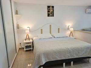 a bedroom with a large bed and two lamps at Flamboyant Studio avec Piscine et Parking in Saint Martin +18 photos