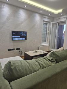 a living room with a couch and a tv on a wall at Rio Apartmani Ub 3 in Ub