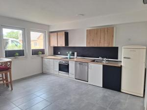a kitchen with a white refrigerator and a sink at Apartment am Gestütswegs EG 2 in Alt Krenzlin