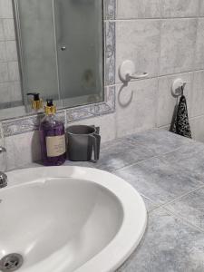 a bathroom with a white sink and a mirror at מקום למשפחה in Kefar Tavor