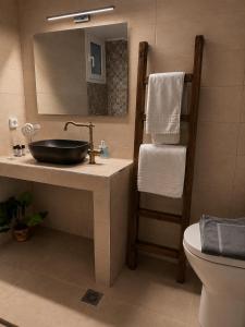 a bathroom with a sink and a mirror and a toilet at Kokkala Guestrooms in Kokkala