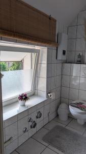 a bathroom with a toilet and a window at Waldesruh in Pirmasens