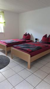 two beds in a room with red pillows at Waldesruh in Pirmasens +4 photos