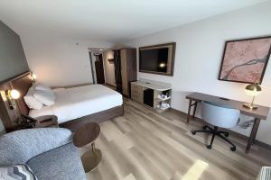 a hotel room with a bed and a desk at Radisson Hotel Detroit Metro Airport in Romulus +42 photos