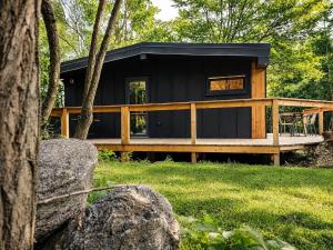 a black cabin in the woods with a tree at Wild Crib Avrig in Avrig