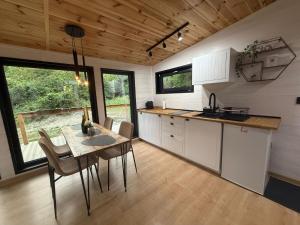 a kitchen and dining room with a table and chairs at Wild Crib Avrig in Avrig