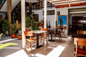 a restaurant with tables and chairs and plants at Hotel Cano in Iquique