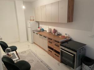 a small kitchen with a counter and a refrigerator at Apartmen Emina 1 in Doglodi
